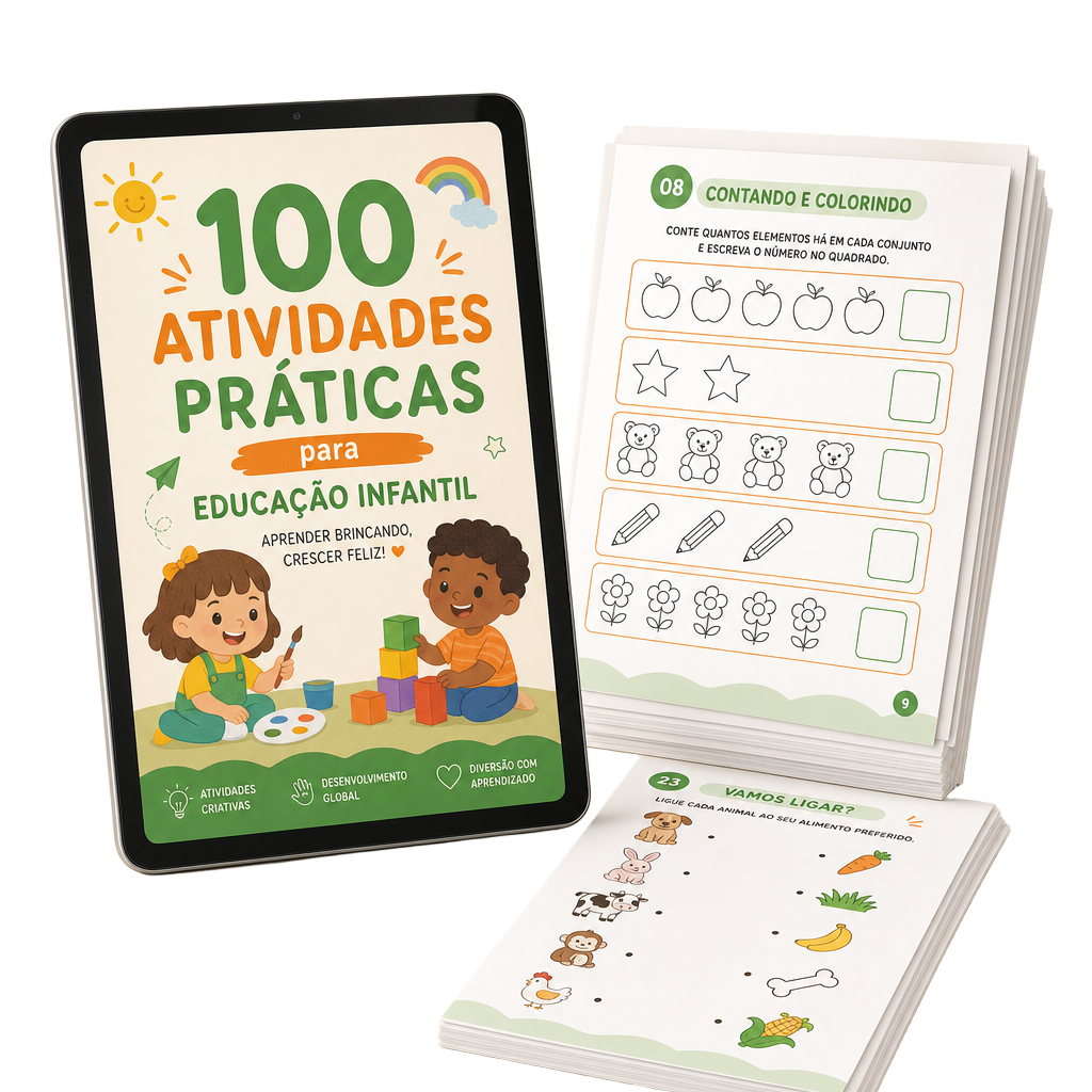 Mockup do material 100 Atividades Práticas para Educação Infantil em tablet e páginas impressas